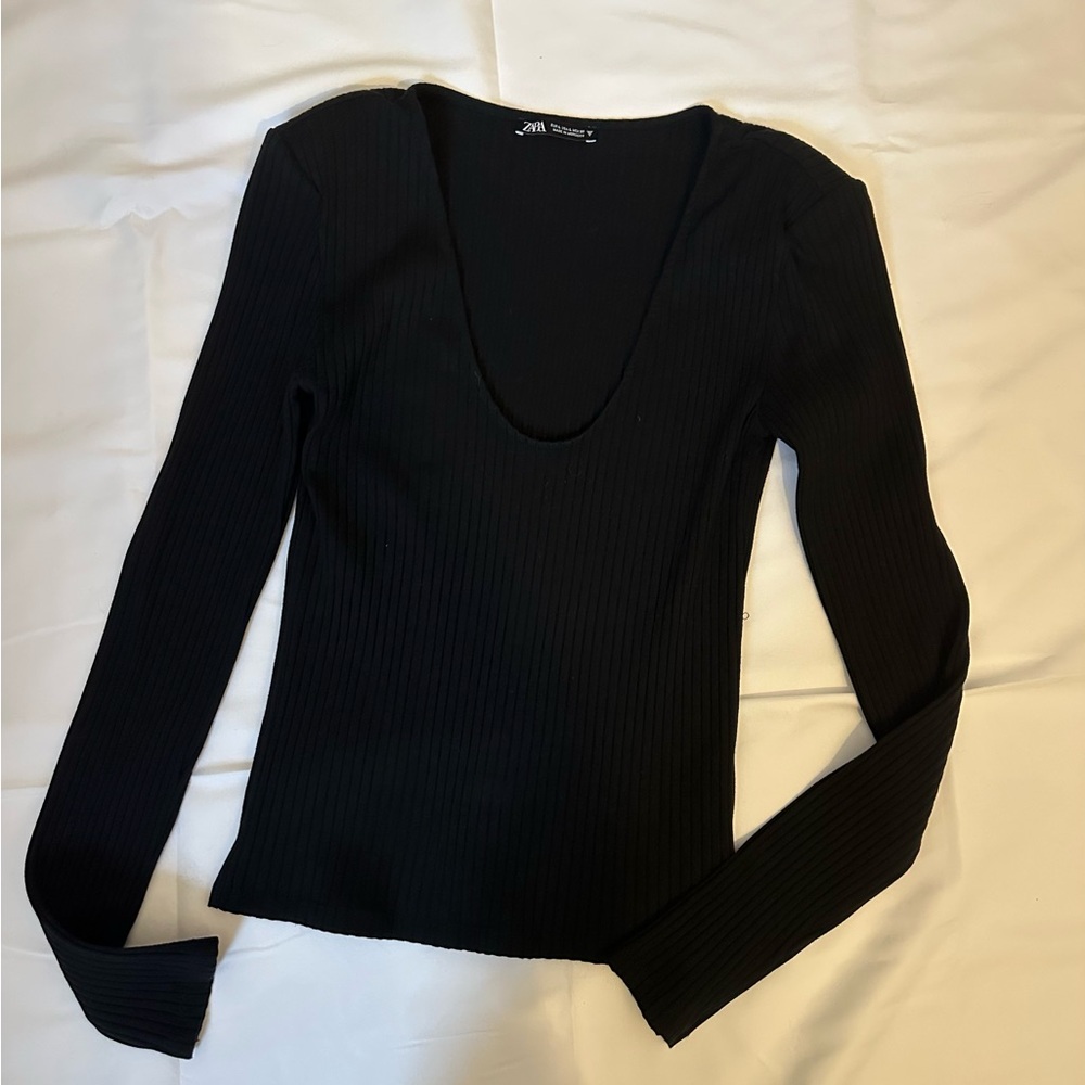 Zara Black Ribbed Long Sleeve Top